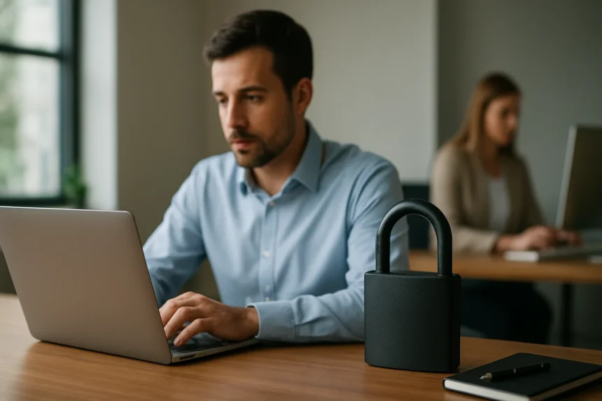 Férfi, aki laptopon dolgozik, biztonsági lakattal az asztalon.