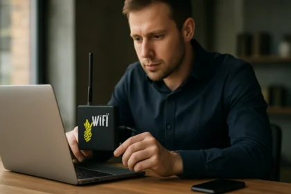 Hálózatbiztonsági tesztelés Wi-Fi Pineapple eszközzel laptop mellett.