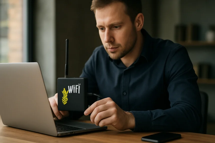 Hálózatbiztonsági tesztelés Wi-Fi Pineapple eszközzel laptop mellett.