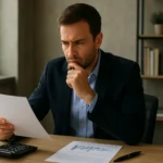 Férfi pénzügyi dokumentumokat elemez, kockázat és befektetés