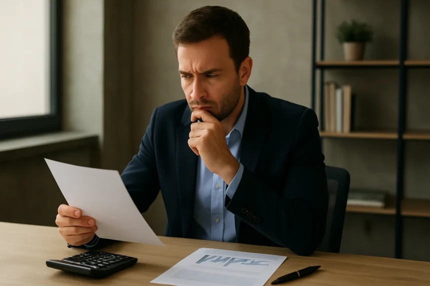 Férfi pénzügyi dokumentumokat elemez, kockázat és befektetés