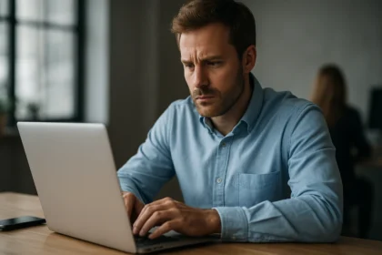 Férfi laptopon dolgozik, koncentált, technológiai környezetben.