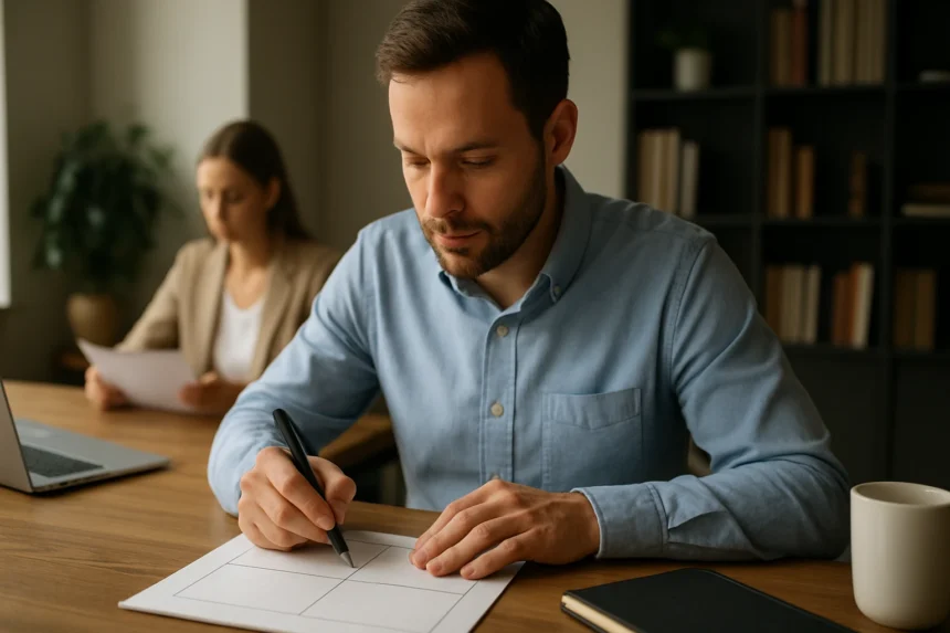 Férfi az Eisenhower mátrix használatával feladatok priorizálásához.