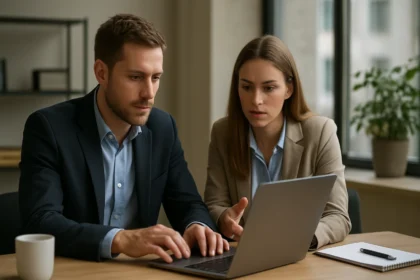 Két üzletember SAP Cloud for Customer platformot használva