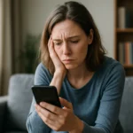 Egy nő szorosan nézi a telefonját, aggasztó arckifejezéssel.