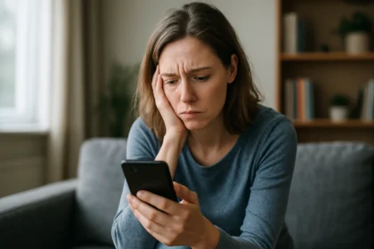 Egy nő szorosan nézi a telefonját, aggasztó arckifejezéssel.