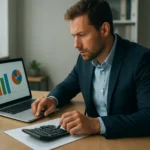 Férfi IT költségvetést tervez irodai környezetben