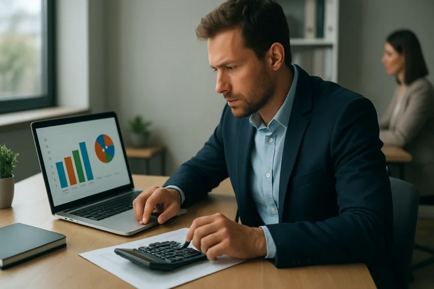 Férfi IT költségvetést tervez irodai környezetben