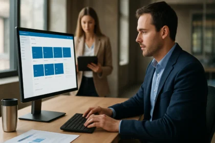 Férfi Microsoft SharePoint alkalmazást használ egy irodai környezetben.