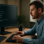 Programozó férfi a C nyelv kódját gépelve egy modern számítógépen.