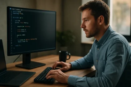 Programozó férfi a C nyelv kódját gépelve egy modern számítógépen.