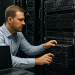 Technikus egy szerver életcikluskezelésén dolgozik a modern IT infrastruktúrában.