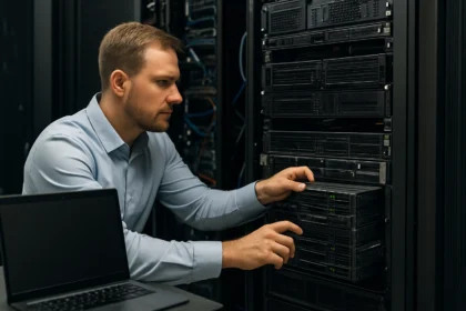 Technikus egy szerver életcikluskezelésén dolgozik a modern IT infrastruktúrában.