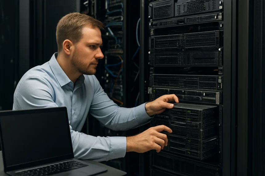 Technikus egy szerver életcikluskezelésén dolgozik a modern IT infrastruktúrában.