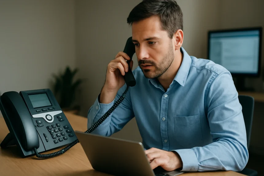 Férfi IP telefonon beszél, miközben laptopon dolgozik.