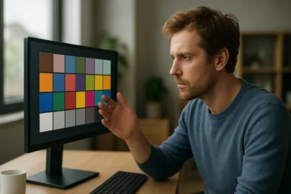 Szakértő elemzi az sRGB színtér színmintáit a monitoron.