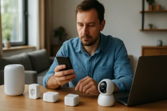 Férfi IoT eszközökkel és okostelefonnal otthonában