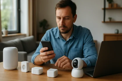 Férfi IoT eszközökkel és okostelefonnal otthonában