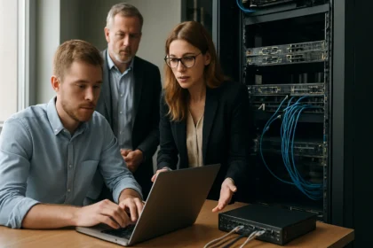 IT szakemberek egy számítógépes hálózat előtt, RAS rendszer elemzés.