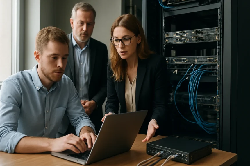 IT szakemberek egy számítógépes hálózat előtt, RAS rendszer elemzés.