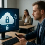 Férfi felhőbiztonsági megoldásokkal dolgozik számítógépen