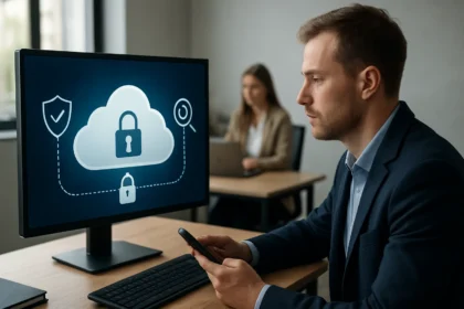 Férfi felhőbiztonsági megoldásokkal dolgozik számítógépen
