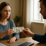 Két ember pénzt ad át egymásnak egy otthoni környezetben.