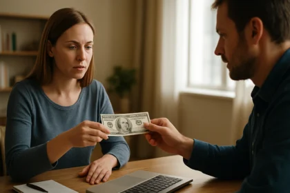 Két ember pénzt ad át egymásnak egy otthoni környezetben.