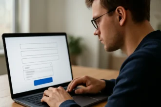 Férfi laptopon űrlapmezőket tölt ki automatikus kitöltés funkcióval