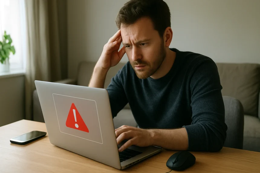 Férfi aggódik a számítógépén megjelenő adware miatt