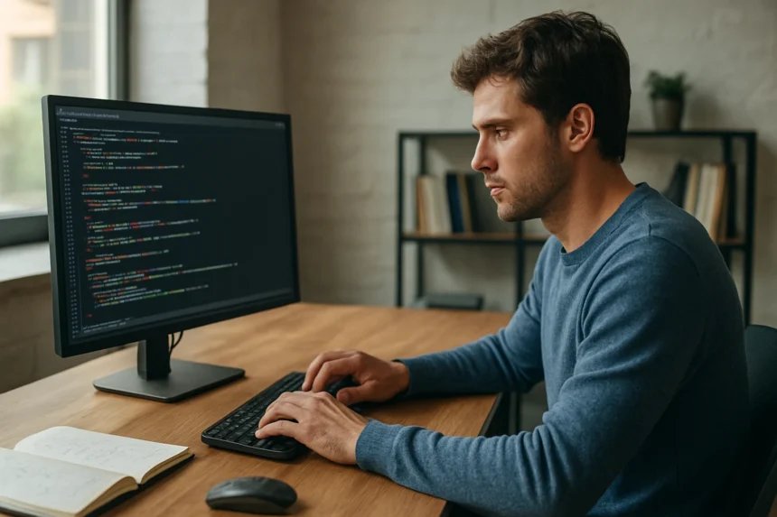 Programozó strukturált programozást tanulmányozik számítógépen