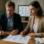 Munkatársak adatelemzést végző ülésen, objektumközpontú process mining folyamata