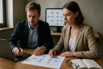 Munkatársak adatelemzést végző ülésen, objektumközpontú process mining folyamata