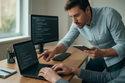 Két programozó együtt dolgozik Linux rendszeren cron feladatok beállításán.