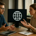 Két ember vitatkozik a hálózati semlegességről egy számítógép előtt.