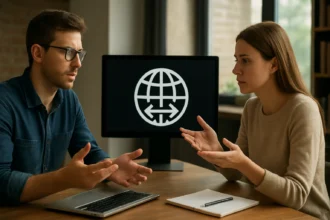 Két ember vitatkozik a hálózati semlegességről egy számítógép előtt.