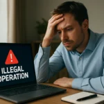 Férfi aggódik a számítógépén megjelenő 'Illegal Operation' hiba miatt