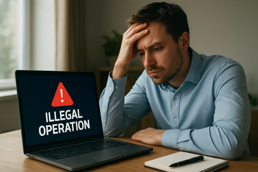 Férfi aggódik a számítógépén megjelenő 'Illegal Operation' hiba miatt