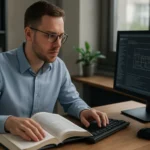 Férfi, aki könyvet olvas a számítógép előtt, miközben a virtuális memória technikáját tanulmányozza.