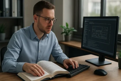 Férfi, aki könyvet olvas a számítógép előtt, miközben a virtuális memória technikáját tanulmányozza.