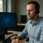 Férfi headsettel közvetít VoIP hívásokat egy számítógép előtt.