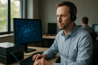 Férfi headsettel közvetít VoIP hívásokat egy számítógép előtt.