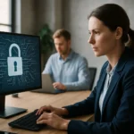 A nő informatikai rendszereken dolgozik, háttérben kiberbiztonsági témák.