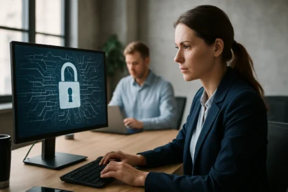 A nő informatikai rendszereken dolgozik, háttérben kiberbiztonsági témák.