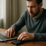 Férfi külső tárolóeszközt használ laptopon az adatok biztonságos kezelésére.