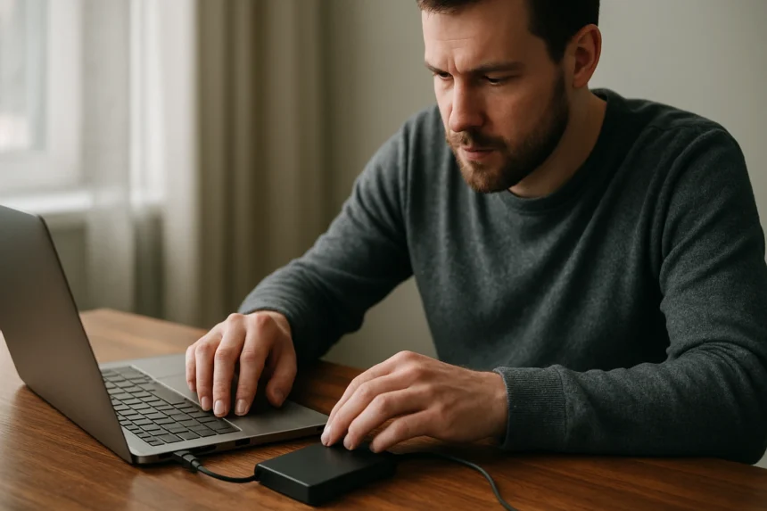 Férfi külső tárolóeszközt használ laptopon az adatok biztonságos kezelésére.