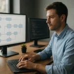 IT szakemberek dolgoznak orkesztrációs folyamatokkal számítógépen.