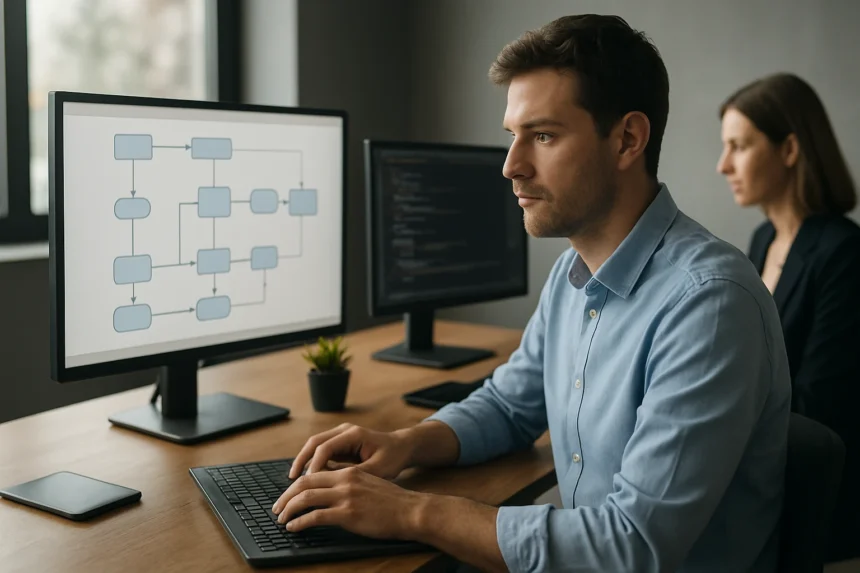 IT szakemberek dolgoznak orkesztrációs folyamatokkal számítógépen.