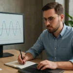 Férfi elemzi a Nyquist-tétel elméletét a számítógépen