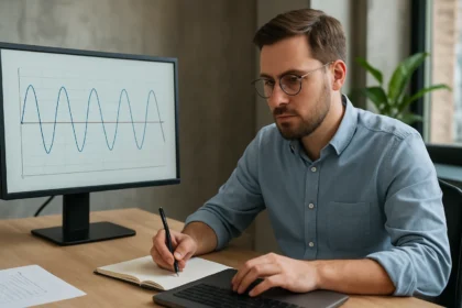 Férfi elemzi a Nyquist-tétel elméletét a számítógépen